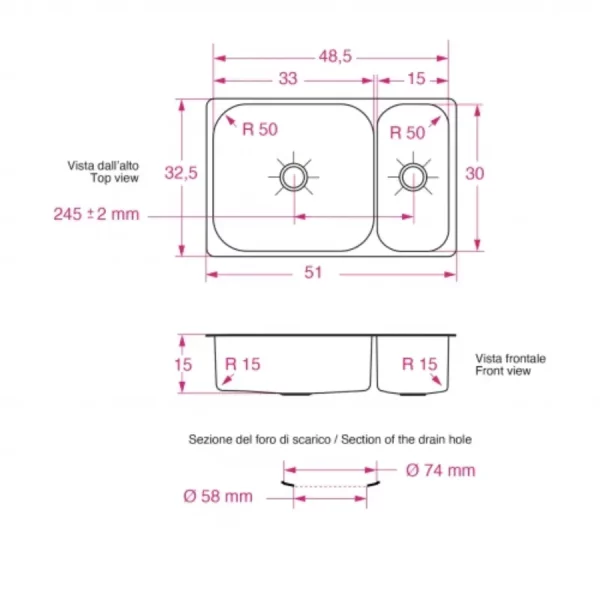 Gootsteen Dubbel Rvs 33x33x15x15cm - 0430331515SP - 3